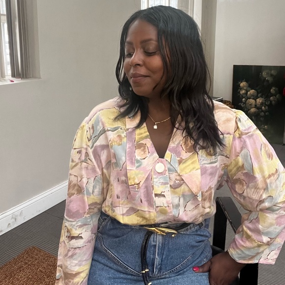 Vintage Tops - Watercolor Edwardian pink blue 80s  large collar button long sleeve blouse